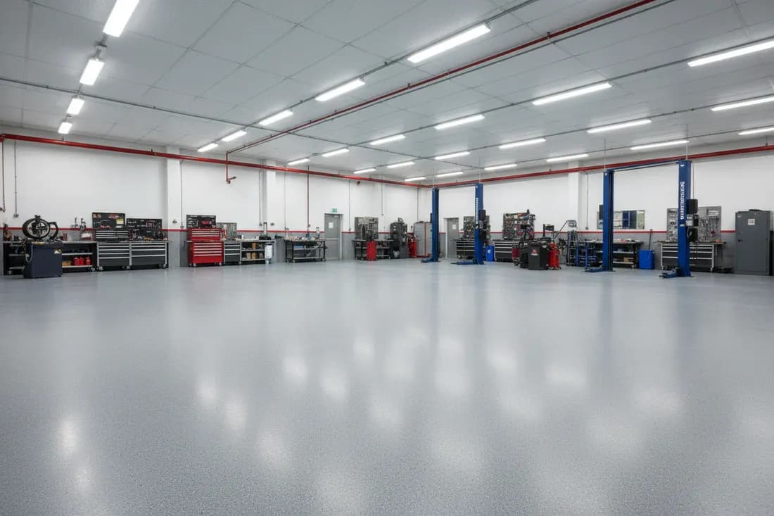 A spacious, well-lit automotive workshop with a clean, polished floor. It features tool chests, workbenches, and vehicle lifts, indicating readiness for repairs.